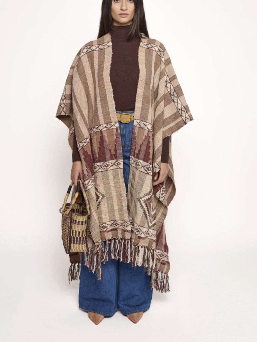 World Of Zazi Handwoven Fringe Poncho In Rose ONESIZE
